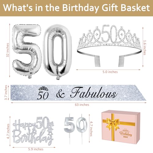 50th Birthday Decorations Women Include Silver 50th Birthday Tiara and Sash, Silver 50th Birthday Candles and Cake Topper, Silver 50th Birthday Balloons for 50th Birthday Gifts Women