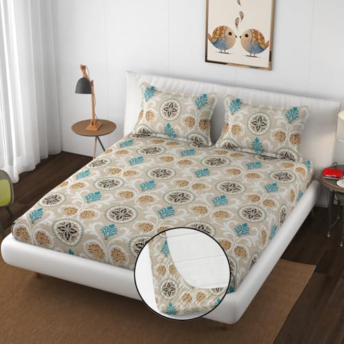 VAINE Premium Heavy Cotton Elastic Fitted Bedsheets with 2 King Size Pillow Covers || Double Bed with All Around Elastic 350 TC || 72 x 78 Inch King Size Fitted | - Multi Round Jaipuri