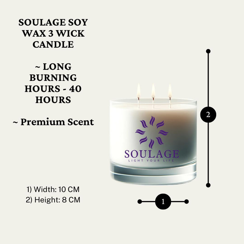 SOULAGE Premium Jasmine Scented Jar Candle| Luxury Aroma| Herbs & Essential Oil| Long Lasting Burning| Natural Soy Wax| 3 Wicks Candle| Healing & Meditation| Non Toxic| Anti Mosquito|