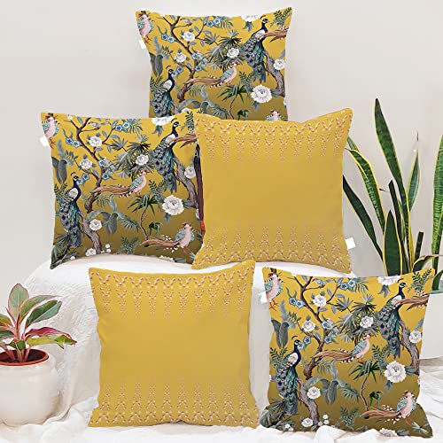 Amazon Brand – Umi. Peacock Printed Canvas Cotton Cushion Cover, Set of 5 (16 x 16 Inches)(Yellow)