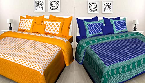 JAIPUR PRINTS Pure Jaipuri Print 100% Cotton Rajasthani Combo Bedsheet for Double Bed Tradition 2 Double Bedsheet with 4 Pillow Cover - FASHION-92