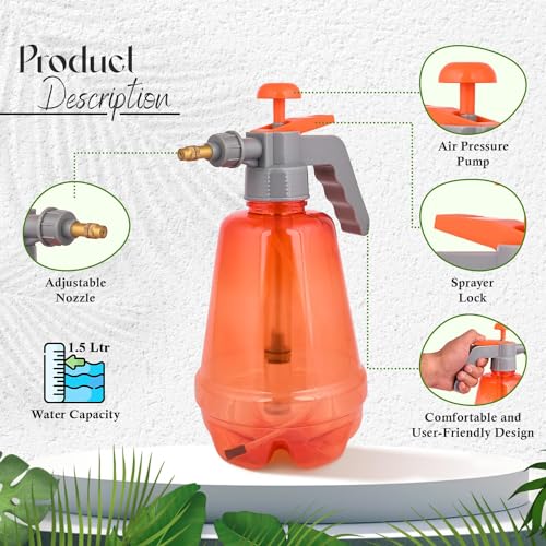 ORILEY Pressure Spray Pump Bottle with Adjustable Nozzle Heavy Duty Water Mister for Home Garden Lawn Plants Watering & Cleaning (1500ml, Random Colour)