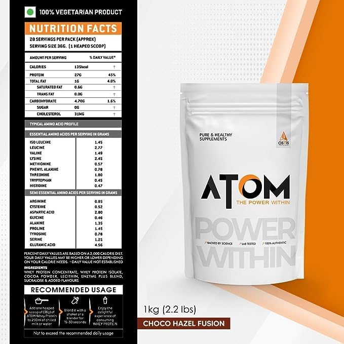 AS-IT-IS ATOM Whey Protein 1kg | 27g protein | Choco Hazel Fusion | Isolate & Concentrate | USA Labdoor Certified | With Digestive Enzymes for better absorption