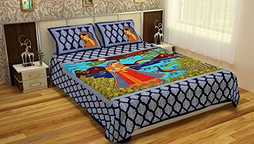AK DECOR STORE Double Bedsheet Cotton Fabric Jaipuri Handicraft Miniature Print Rajasthani Traditional Size 100 X 100 Inch 1 Double Bedsheets with 2 Pillow Covers