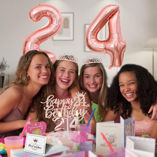 24th Birthday Decorations for Women Including 24th Birthday Sash, Tiara/Crown, Numeral 24 Candles and Cake Topper, Rose Gold Numeral 24 Balloons, 24th Birthday Gifts for Women