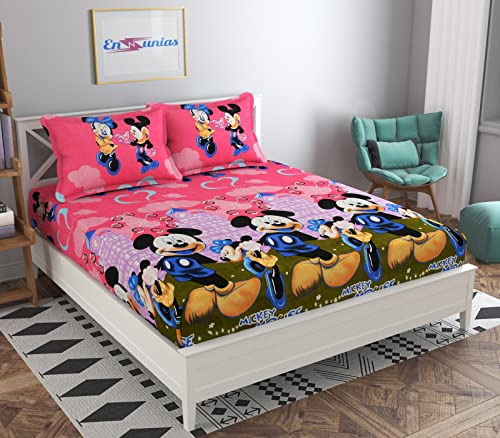 ENGUNIAS™ Present 220TC Kids Collection 3D Polycotton Bedsheet for Double Bed Size (90 X 90) Bedsheet with 2 Free Maching Pillow Covers Pink Mickey Mouse Design