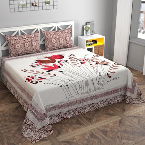 REALDREAM® bedsheet for Double Bed Flat, Double bedsheet Glace Cotton with 2 Pillow Cover (90 x 100 Inches) (Leaves-Red)