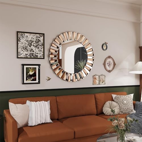 VENETIAN IMAGE Round Rose Gold and Silver Hanging Mirror, Modern Artistic Look, Premium Glass, Sunburst Pattern, Hallway Entrance, Home Decor (3D, 80cm Round)