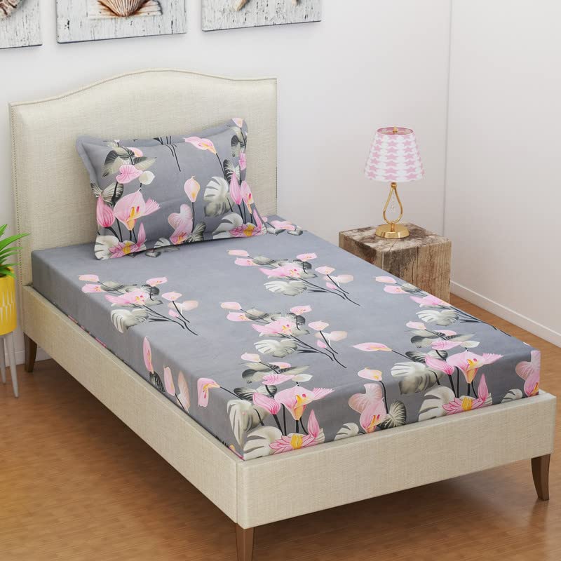 BSB HOME Premium Cotton Feel Single Bedsheet with One Pillow Cover for Coat/Diwan/ 4x6 Bed 180 Tc (152 x 228 cm, Grey & Pink Flower)