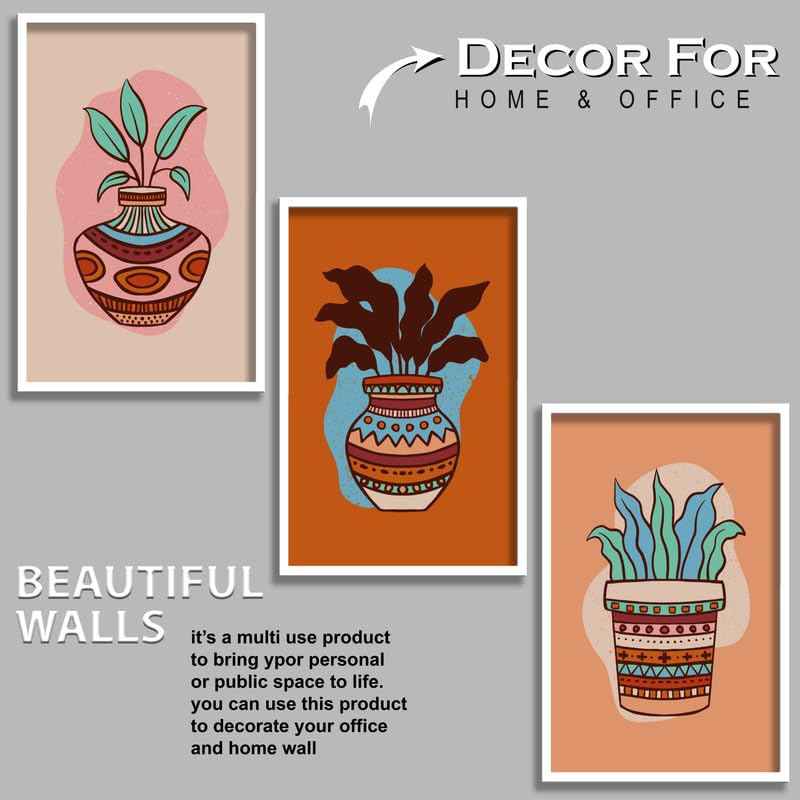 SAF paintings Set of 3 flower pot Boho modern art design Premium white Framed Bohemian wall painting for for Wall, Home and Living Room Decoration 80 cms x 34.29 cms COMBO-2006-K3