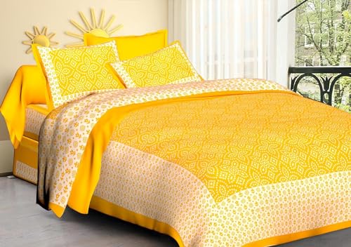 Pure Cotton Sanganeri Printed Jaipuri Bedsheet for Double Bed Queen Size with 2 Pillow Covers 260Thread Count,Yellow