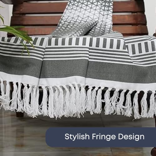 BIGMOON Pure Cotton Decorative Throw Blanket 62"x36" | 220 TC, Breathable & Soft, Stylish Fringe, Ideal for Sofa, Couch, Bed, & Home Decor - Perfect All-Season Comfort