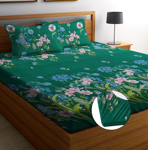 HIYANSHI HOME FURNISHING® Combo of 2 Elastic Fitted King Size Cotton Feel Bedsheets with 4 Pillow Covers Double Bed All Round Elastic (King Size 72''X78''+10'' INCH, Forest - Green)