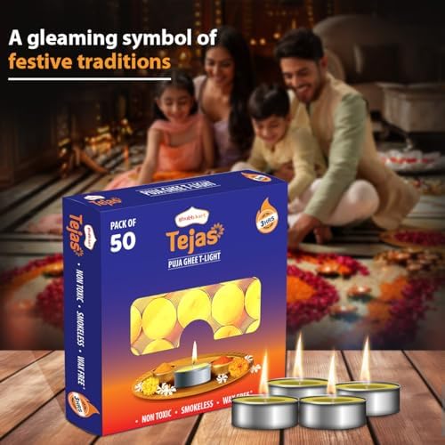 Shubhkart Tejas Puja Ghee T-Light Candles 50N | Non Toxic Smokeless & Wax Free Tea Light Candles Perfect for Home Decor, Prayers, Rituals|No Residue Long Lasting| 3 Hours Burn Time (Set of 50)