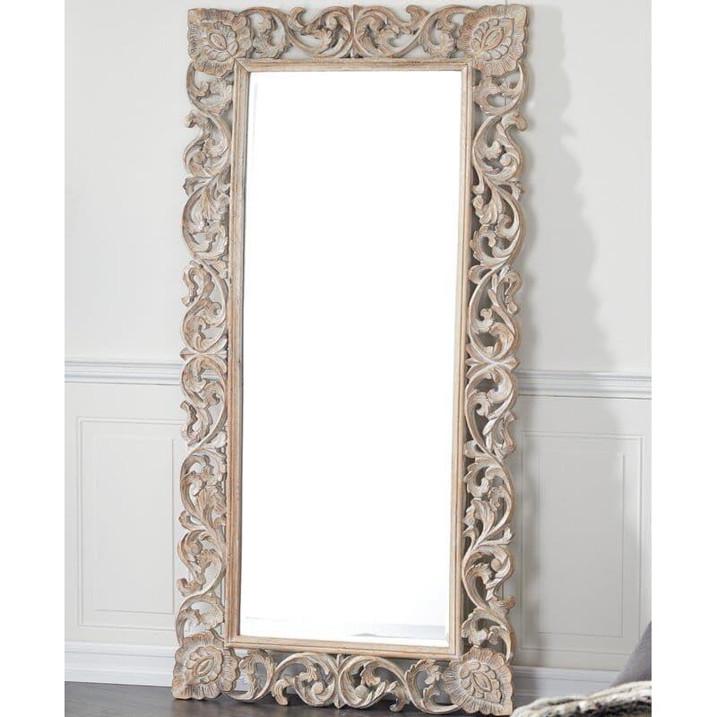 THE SARA ENTERPRISES Royal Wood Design Big Mirror Framre Wood Hand Carving Colour White Antique Size (36 X 72) Inch Only Frame with Out Mirror