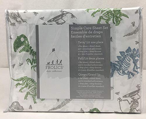 FROLICS kids collection Simple Care 100% Polyester Sheet Set "Dino Bones" Dinosaur Skeleton Tracks Green Blue Grey on White (TWIN)