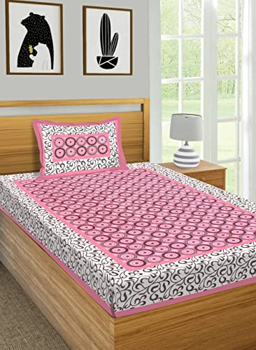 VNV Creation® Single Bed Cotton Fabric Rajasthani Jaipuri Printed Bedsheet Combo Pack 2 Bedsheet with 2 Pillow Cover-(Chakri-Pink+Kashmirkali-Yellow)