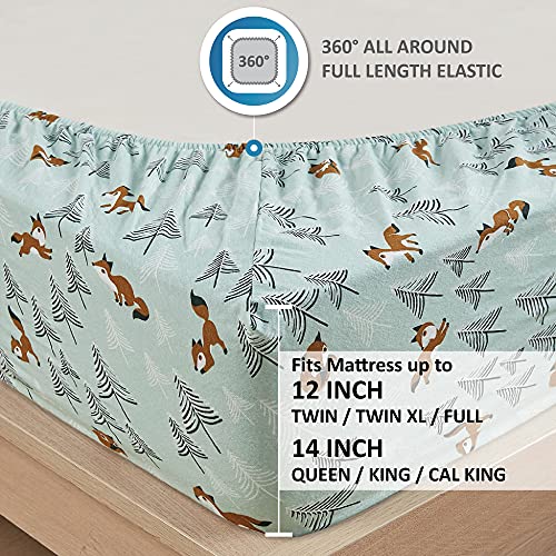 Comfort Spaces Cotton Flannel Breathable Warm Deep Pocket Sheets with Pillow Case Bedding, Queen, Seafoam Foxes 6 Piece