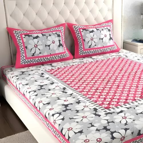 BedZone Pure Bedsheet for Double Bed, 100% Cotton Double Bed Sheet with 2 Pillow Covers King Size (Bedsheet for Double Bed Cotton) - Love,Pink