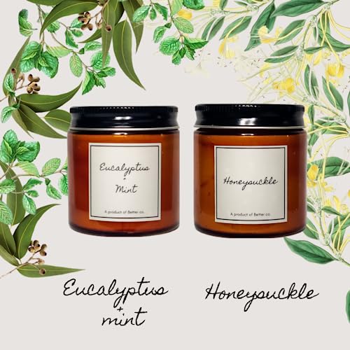 Better co Scented Soy Wax Amber Jar Candle Organic Luxury Aroma Burning Time Upto 20 Hours. Combo Pack of Honeysuckle and Eucalyptus + Mint