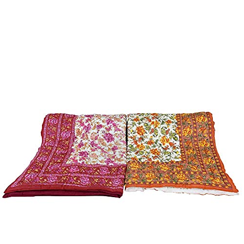 fashhub Jaipuri Lightweight Pure Cotton Traditional Rajasthani Print Quilt | Rajai/Razai | Garden Flower Beige and Pink | Single Bed Set of 2