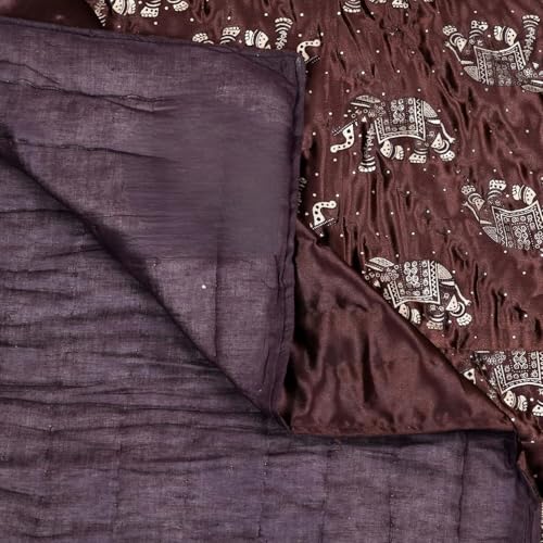 fashhub Rajasthani Cotton Filled Light Weight Silk Soft Jaipuri AC Quilt Dohar Over All Floral Print Design Blankets for Home (85x100 Inch,Brown Elephant Print, Double Bed)