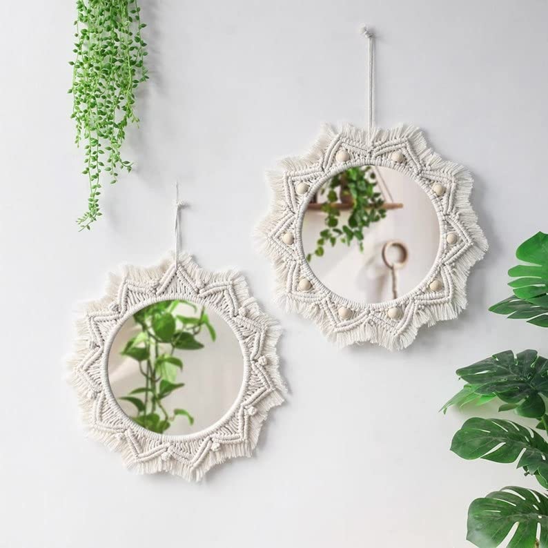 URHAN Macrame Hanging Wall Mirror with Macrame Round Mirror Art Boho Decor MM022