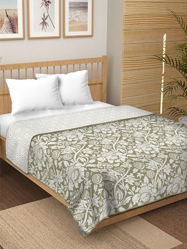 Dream Dwell 100% Pure Cotton Reversible Dohar/AC Blanket for Double Bed |All Weather Light Weight | Floral Design Dohar| Pack of 1-Moss Bel, Green and White.