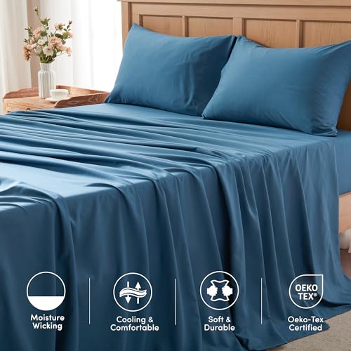 Comfort Spaces Coolmax Moisture Wicking Sheet Set Super Soft, Fade Resistant, 17" Deep Pocket, All Around Elastic - Warm Weather Cooling Sheets for Night Sweats, Queen, Teal 4 Piece