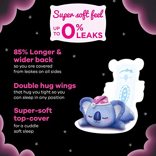 WHISPER BINDAZZZ NIGHTS KOALA SOFT SANITARY PADS, 8 XXXL+ PADS, UPTO 0% LEAKS, 85% LONGER & WIDER BACK, SUPER SOFT TOPSHEET, DOUBLE HUG WINGS, DISPOSABLE WRAPPER, for women