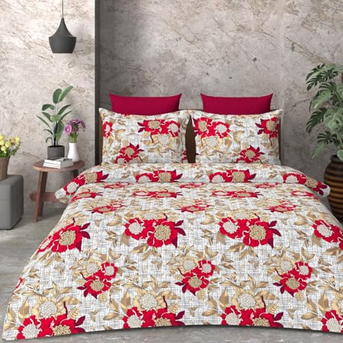 DAYTONA Glace Cotton 350 TC All Around Elastic Fitted Bedsheet with 2 Pillow Cover | Fits up to 8" Mattresses | Supersoft (Floral Red, King 72x78)