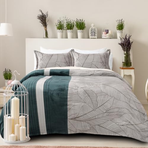 A.R. Living- Premium Warm Winter Bedsheet with 2 Pillow Covers for Double Bed Size | Super Soft Fabric | Super Cozy | Size - 90x100 Inches (Grey nd Green (Leaf Pattern))