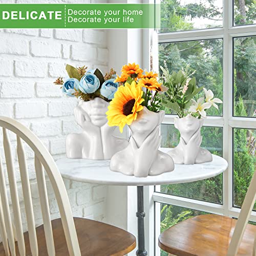 3 Pcs Ceramic Face Vase Female Form Vase Modern Body Vase Decorative Head Vase Head Half Body Bust Vases Face Flower Vases for Decor Centerpiece Home Bedroom Room Table Shelf Office (White, Large)