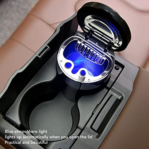 Mini Car Ashtray, Flame Retardant Car Ashtray LED Light Detachable Stainless Steel Inside for Outdoor (Black Silver)