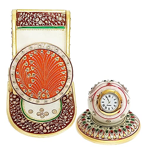 Handicraft Kingdom White Marble Mobile Holder Organizer with Tile Clock for Home & Office Tv | Phone Stand for Girls & Boys | Approx Size (4.5 Inch) & Wt (900 Gm) Pack of 2