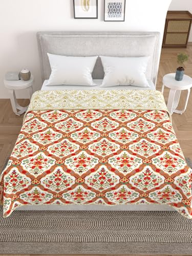 Salona Bichona Floral Orange Cotton Flannel Double Dohar.