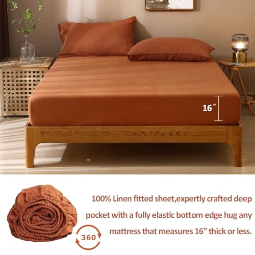 S VICTORY SYMBOL 100% French Natural Linen Bedding Sheet Sets,Deep Pocket Sheets,Ultra Soft Durable Luxurious Stone Washed Flax 4 Pieces Sheets Set(Caramel,California King)