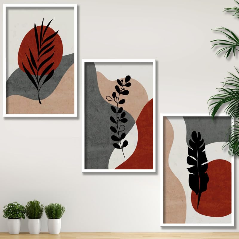 SAF paintings Set of 3 Plants Boho modern art design Premium white Framed Bohemian wall painting for for Wall, Home and Living Room Decoration 80 cms x 34.29 cms COMBO-2042-K3