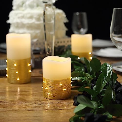 Weddings Parties and Gift 3 Gold 4" 6" 8" Tall L*D Pillar Candles String with Remote Control Sale vngift9370