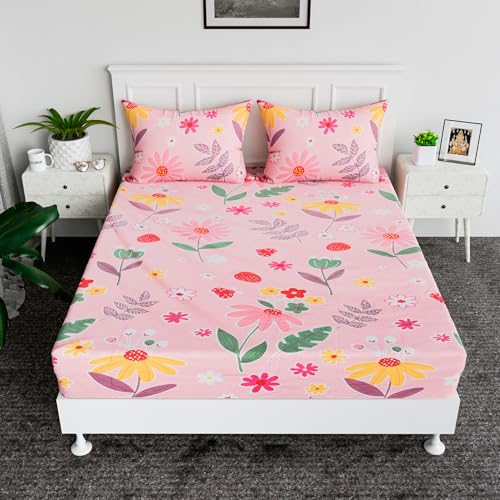 Heart Home Cotton Fitted Bedsheets For Double Bed With 2 Pillow Covers Included - Elastic Design Bedspread With 72x78 Inch Size - Pink