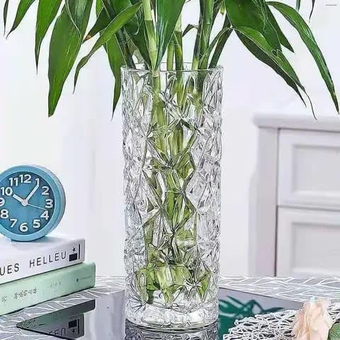 Source India Glass Dimond Cut Flower Vase (Crystal Clear 8 Inch) Clear Crystal Vase,Orchid Pattern Glass Vase for Centerpieces Modern Flower Vase Decorative