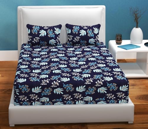 FLOATING DREAMS Cotton Elastic Fitted Printed Multi Color Bedsheet for Double Bed with 2 Pillow Covers, fit Up to 8 inch Mattress