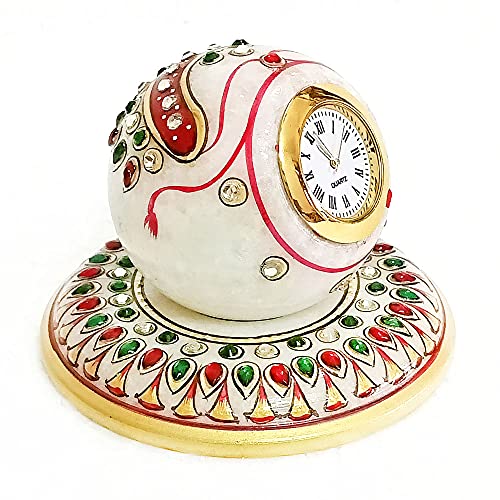 Handicraft Kingdom White Marble Table Clock | Ethnic Design Gold Painted Handmade Round Beautiful Meenakari Work Plate Watch with Ganesh Chowki| Approx Size (4 x 4 Inch) & Wt (600 Gm) Pack of 4