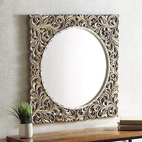 WoodIdea Wall King Mirror Prepared with Hard Work of hend Wood Hand Made Oval Shape Vanity l Mirror for Living Room, 24X24 Inches Antique