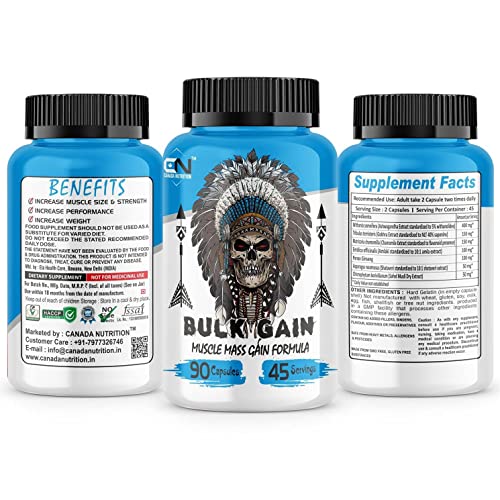 Canada Nutrition Bulk Gain Mass & Weight Gainer Capsule for Fast Weight & Muscle Gain, Daily Muscle Building Weight Lifters Supplement for Muscle Growth, Stamina & Strength, For Men & Women - 90 Cap.