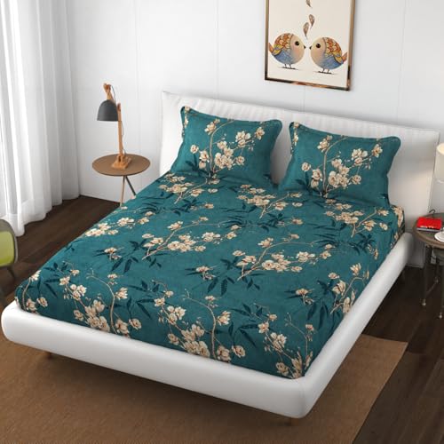 VAINE Premium Heavy Cotton Flat Bedsheets with 2 King Size Pillow Covers || Double Bed 350 TC || 90 x 100 Inch King Size Flat ||- Green Flower