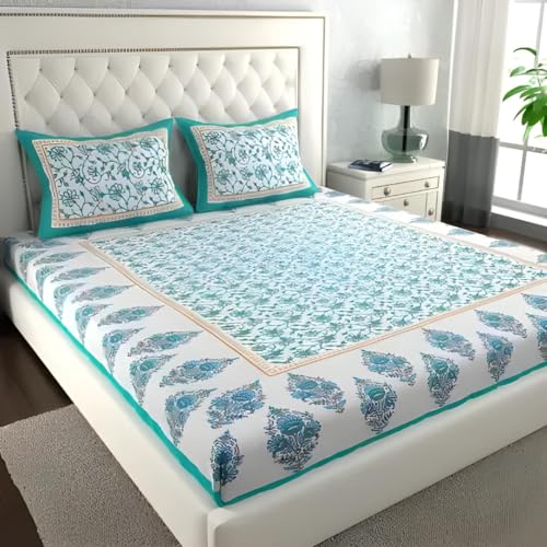 BedZone Pure Bedsheet for Double Bed, 100% Cotton Double Bed Sheet with 2 Pillow Covers King Size (Bedsheet for Double Bed Cotton)-Sea-Green,144 TC