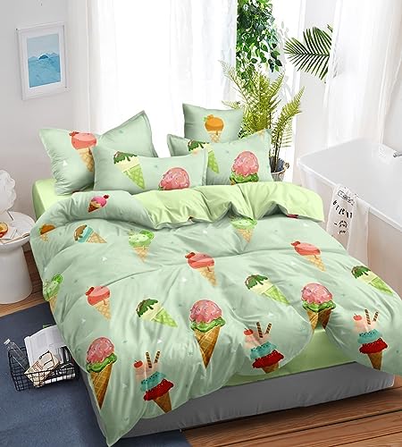 DIVINE OVERSEAS Premium Micro Fabric Kids Bed Sheet Set - Green Softy Ice Cream Design - 1 Double Size Bed Sheet (90" x 100") & 2 Pillow Covers - Ultra Soft, Durable, No Pilling, No Shrinking