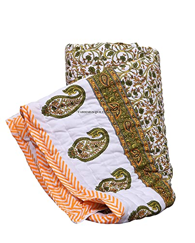 SIBLEY 400 TC Jaipuri Light Weight Pure Cotton Traditional Rajasthani Print Color Yellow Buta Quilt/Razai/Rajai (Single Bed - Set of 1)