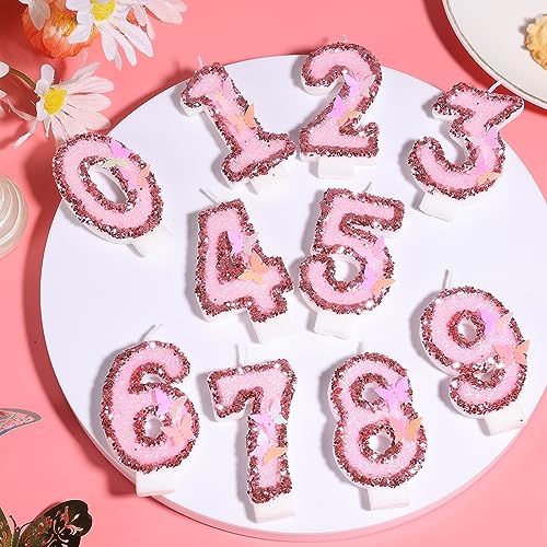 Birthday Number Candles, 2.95 Inch Glitter Number Candles with Butterfly Plugin Pink Number Candles with Sequins Party Candles for Birthday Anniversary (Number 4)